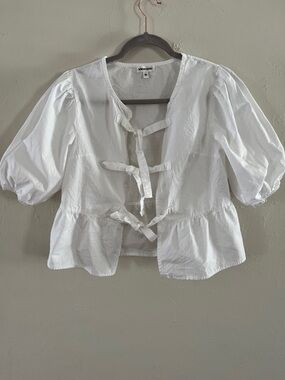 Vigoss White Tie-Front Puff Sleeve Peplum Top Cotton